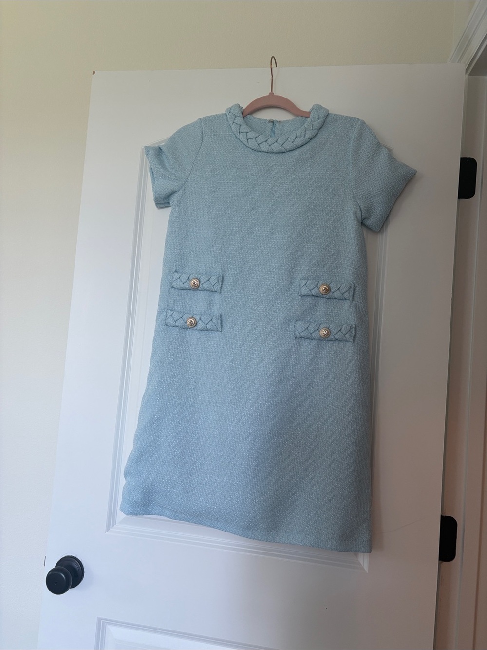 Light Blue Short Sleeve Dress with Braided Trim